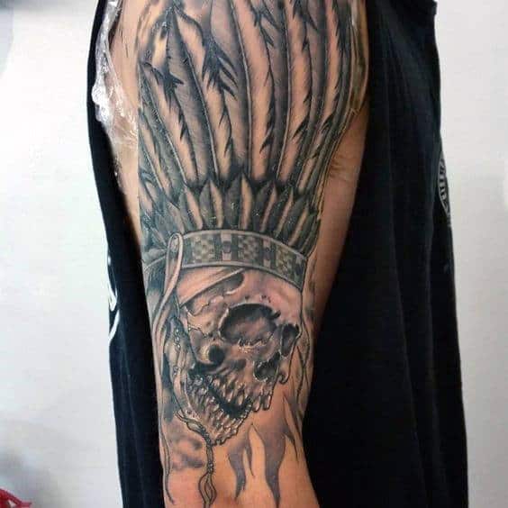 Feathers Indian Skull Mens Arm Tattoo Ideas