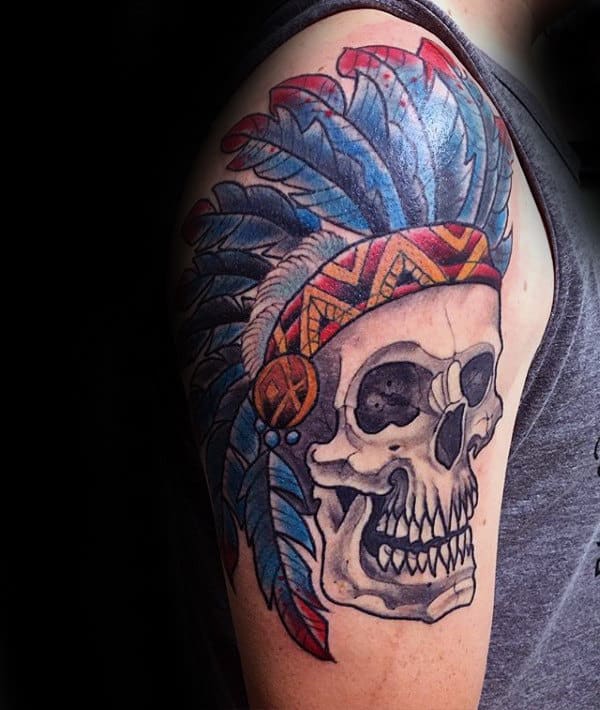 Feathers Indian Skull Mens Upper Arm Tattoos