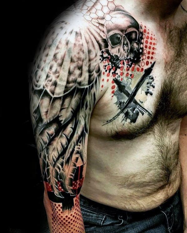 Feathers Trash Polka Guys Arm Arm And Chest Tattoos