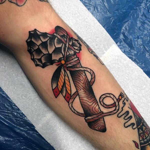 Feathers With Tomahawk Mens Forearm Tattoo