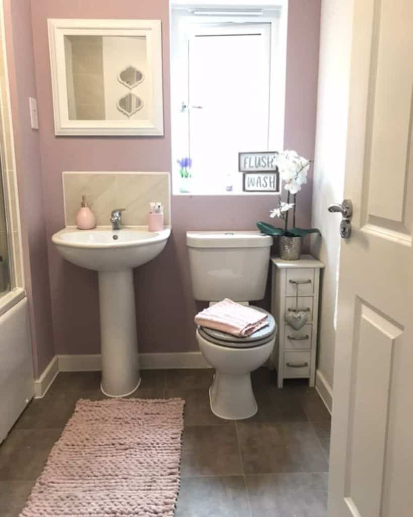 pink accent wall in small bathroom 