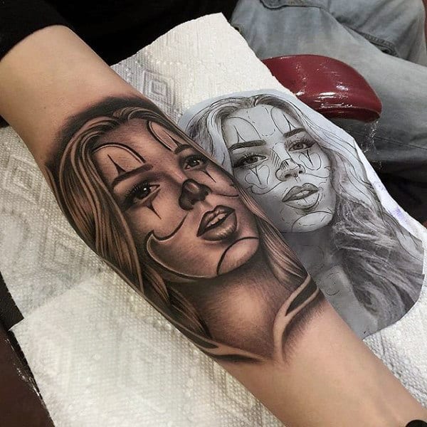 Female Clown Portrait Guys Inner Forearm Tattoos