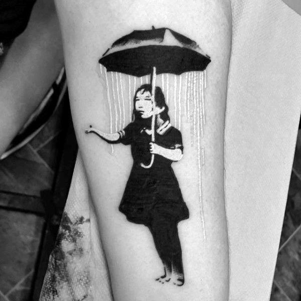 Female Holding Umbrella Mens Banksy Forearm Tattoo