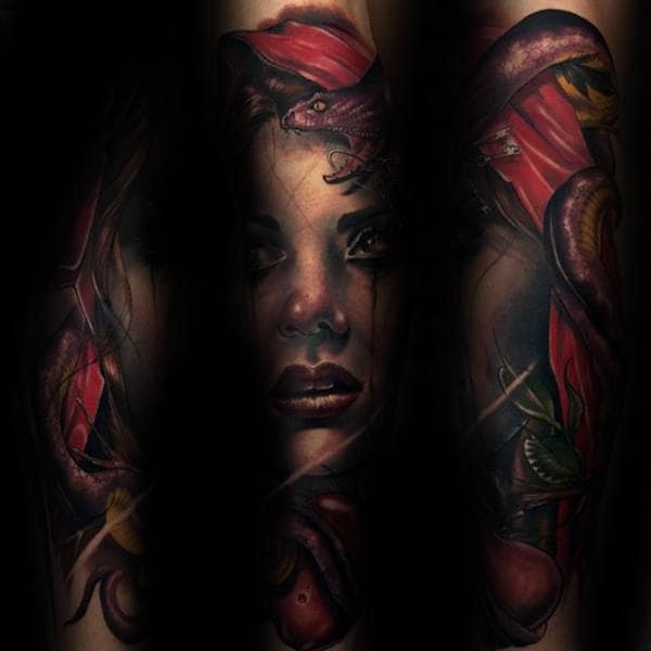 Female Portrait Guys Full Sleeve Tattoo With Snake Design