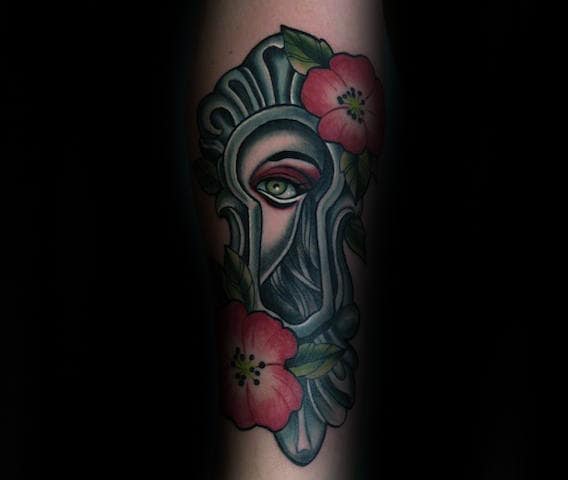 Female Portrait Inside Keyhole Forearm Tattoos For Men
