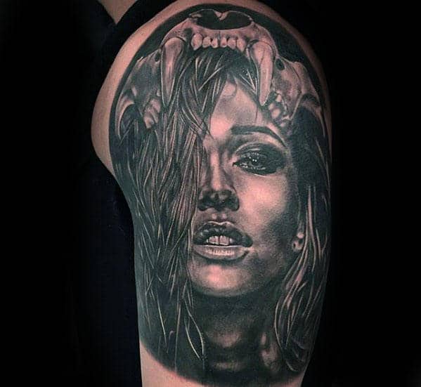 Female Portrait Lion Skull Half Sleeve Tattoos For Men
