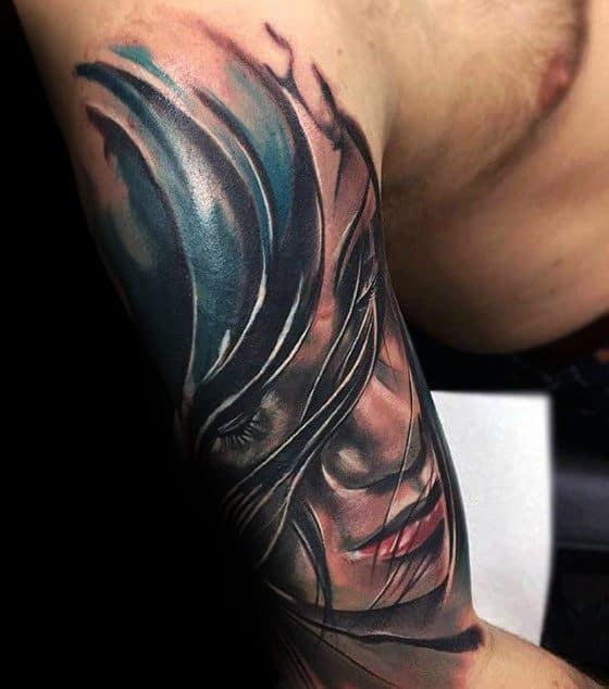 Female Portrait Mens Sleeve Tattoo Cover Up Ideas