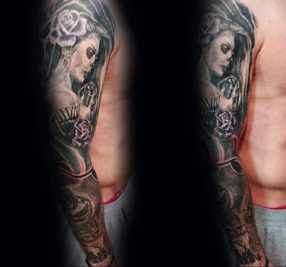 Female Portrait Music Sleeve Mens Tattoo Ideas