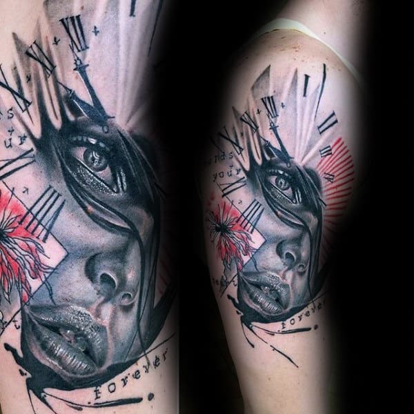 Female Portrait Trash Polka Mens Roman Numeral Clock Upper Arm Tattoo