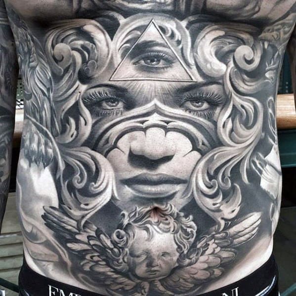 Female Portrait With All Seeing Eye Unbelievable Guys Lower Chest Tattoo
