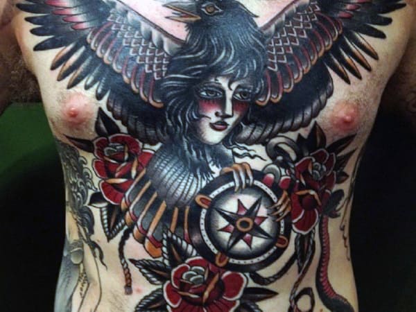 Female Portrait With Black Crow Male Traditional Compass Full Chest Tattoos