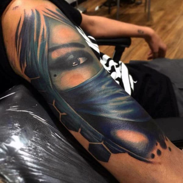 Female Portrait With Blue Mask Guys Mortal Kombat Arm Tattoos