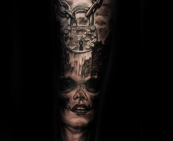 Female Portrait With Chained Lock Arm Tattoo For Guys