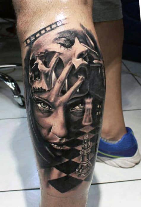 Female Portrait With Chess Board Male 3d Leg Tattoo