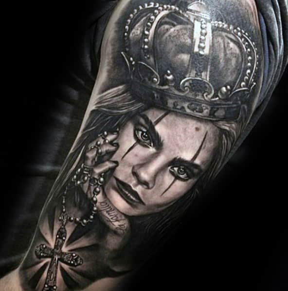 Female Portrait With Crown Rosary 3d Cross Mens Arm Tattoos