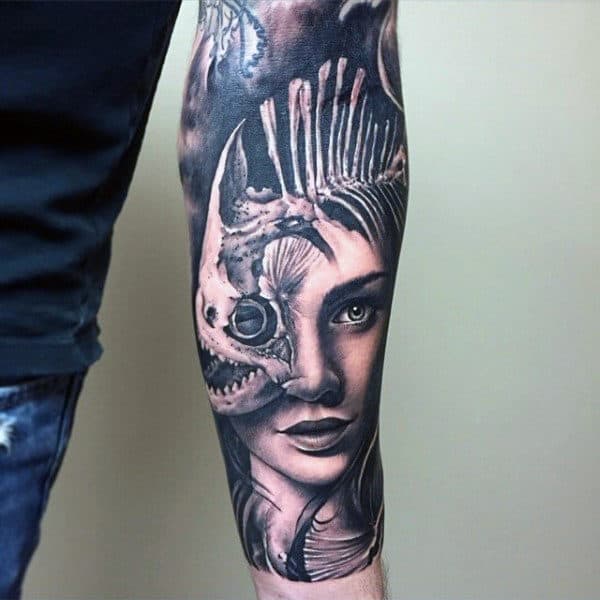 Female Portrait With Fish Bones Inner Forearm Guys Tattoos