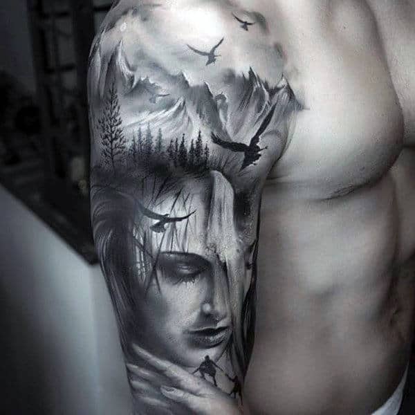 Female Portrait With Flying Birds And Waterfall Guys Half Sleeve Tattoo Ideas