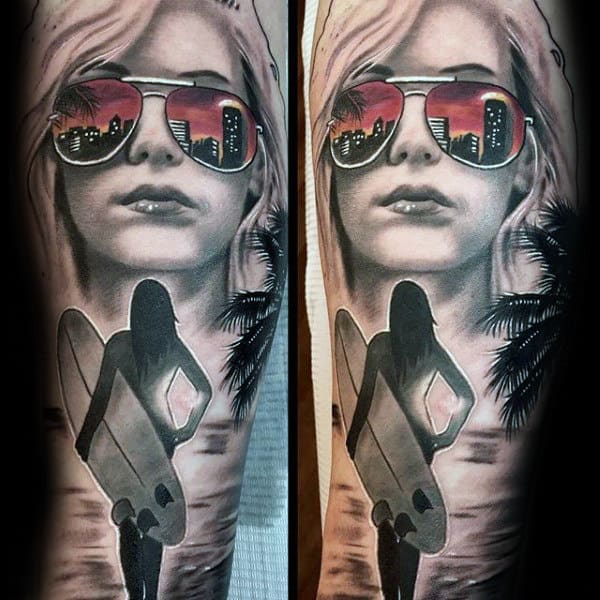 Female Portrait With Glasses Mens Half Sleeve Tattoo Designs
