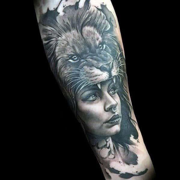 Female Portrait With Lion Hea Mens Realistic Inner Forearm Tattoos
