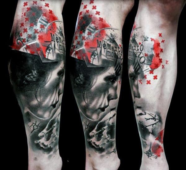 Female Portrait With Memento Mori Text Mens Lower Leg Abstract Tattoo Ideas