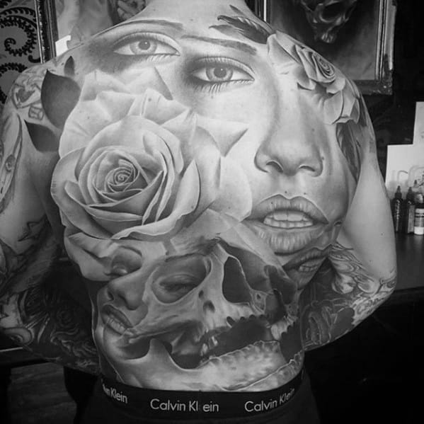 Female Portrait With Rose And Skull Different Full Back Tattoos For Guys