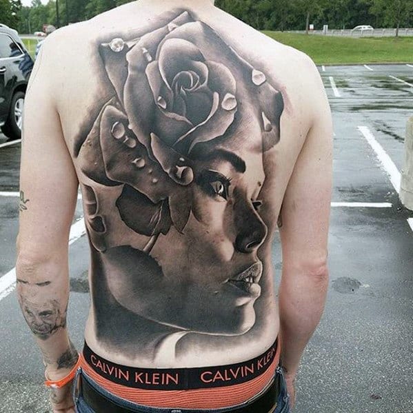 Female Portrait With Rose Flower Badass 3d Male Back Tattoos