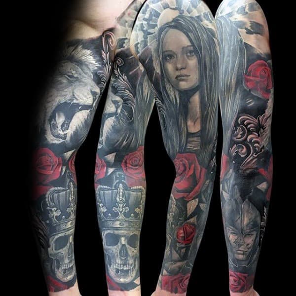 Female Portrait With Rose Skull And Lion Guys Sleeve Tattoos