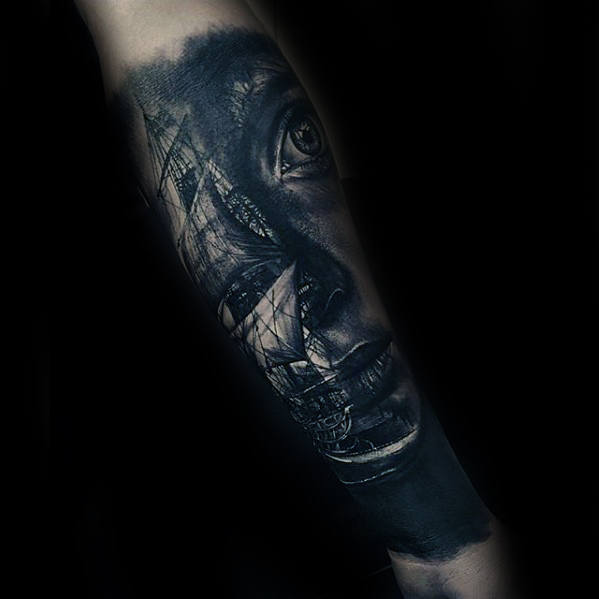 Female Portrait With Sailing Ship Guys 3d Forearm Tattoo
