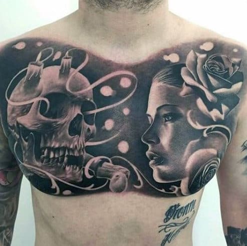 Female Portrait With Skull And Flowers Guys Badass Upper Chest Tattoo