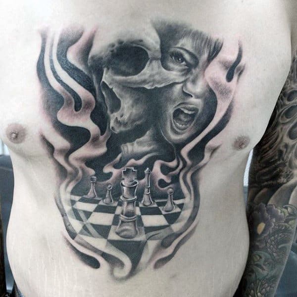 Female Portrait With Skull And King Chess Piece Guys Chest Tattoo Deisgn Ideas