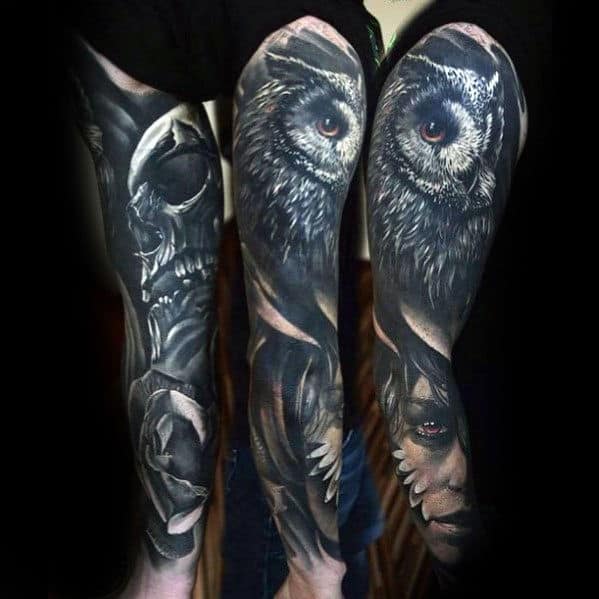 Female Portrait With Skull And Owl Guys Sleeve Tattoo Designs