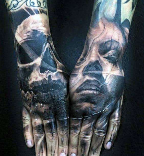 Female Portrait With Skull Mens Hand Tattoos