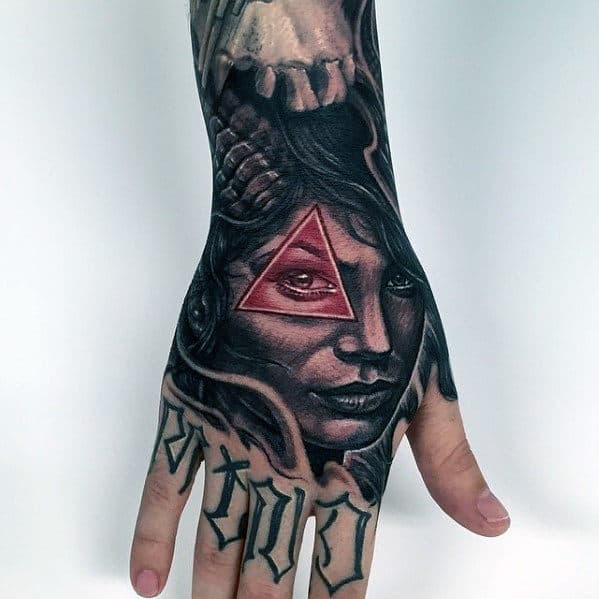Female Portrait With Triangle In Red Ink Guys Badass Hand Tattoo