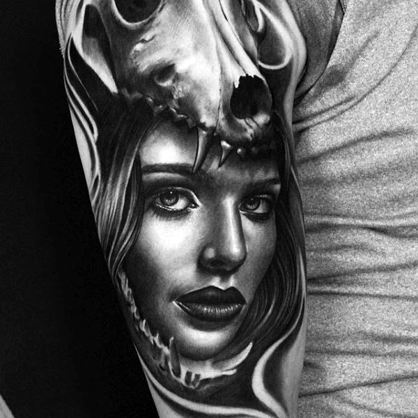 Female Portrait With Wolf Skull Realistic Sleeve Tattoos For Men