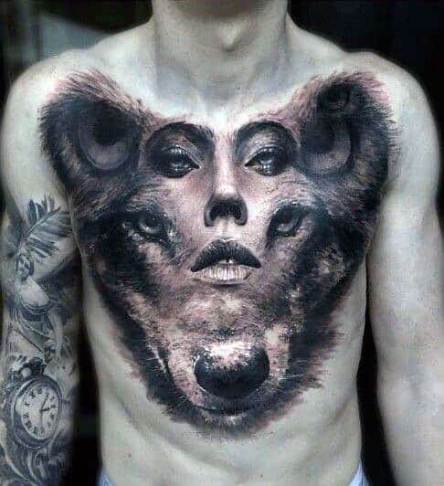 Female Portrait Wolf 3d Optical Illusion Chest Tattoos For Guys