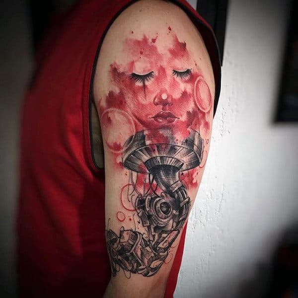 Female Red Watercolor Tattoo On Arms For Men