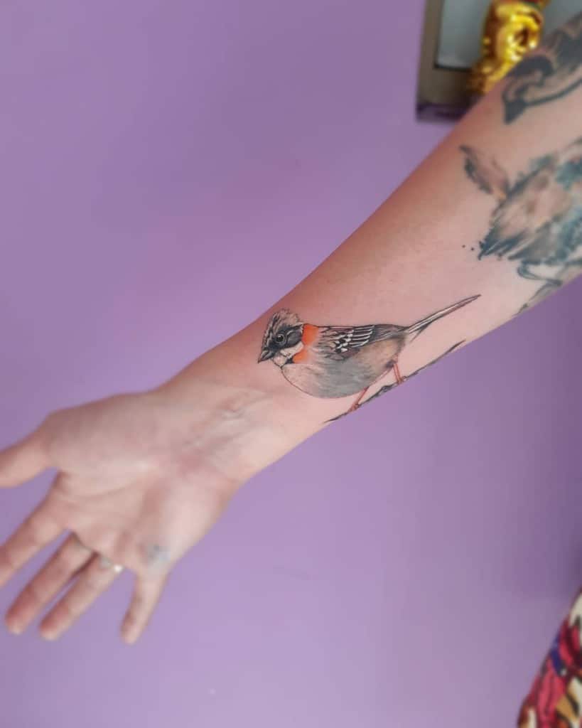 Realistic tattoo of a small bird with detailed feathers and an orange accent, blending soft colors and fine linework