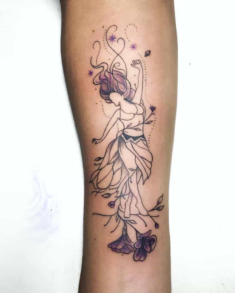 Elegant tattoo of a celestial fairy-like woman with flowing purple hair and a floral dress, blending nature and cosmic elements in fine-line art