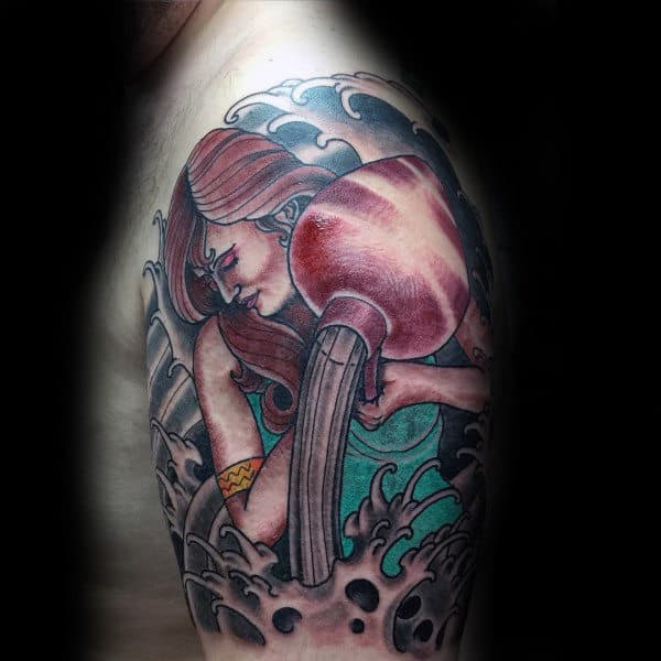 Female Water Barer Aquarius Mens Half Sleeve Tattoos