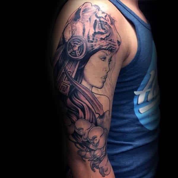 Female Wearing Animal Hat Mens Orchid Flower Full Arm Tattoo