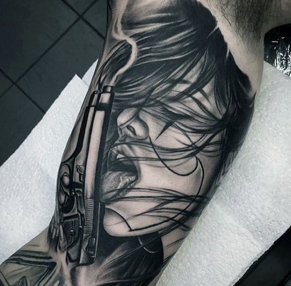 Female With Gun Chicano Mens Inner Arm Tattoos