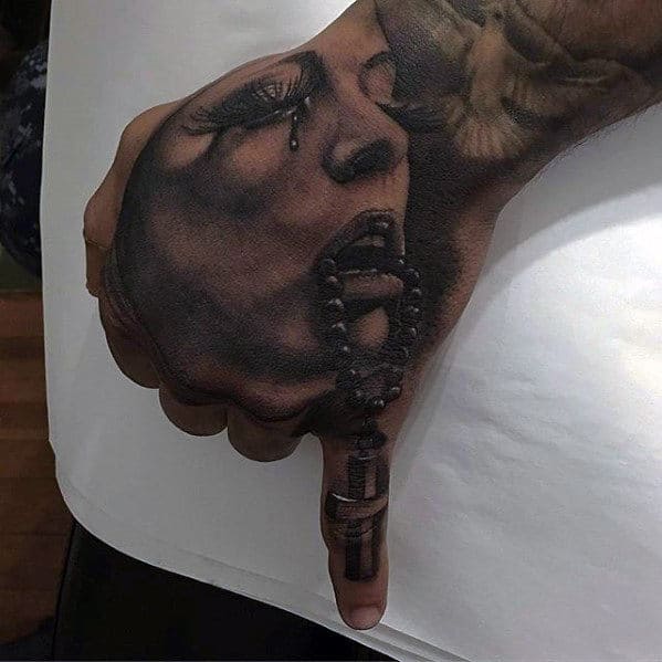 Female With Rosary And Cross Badass Guys Hand Tattoo