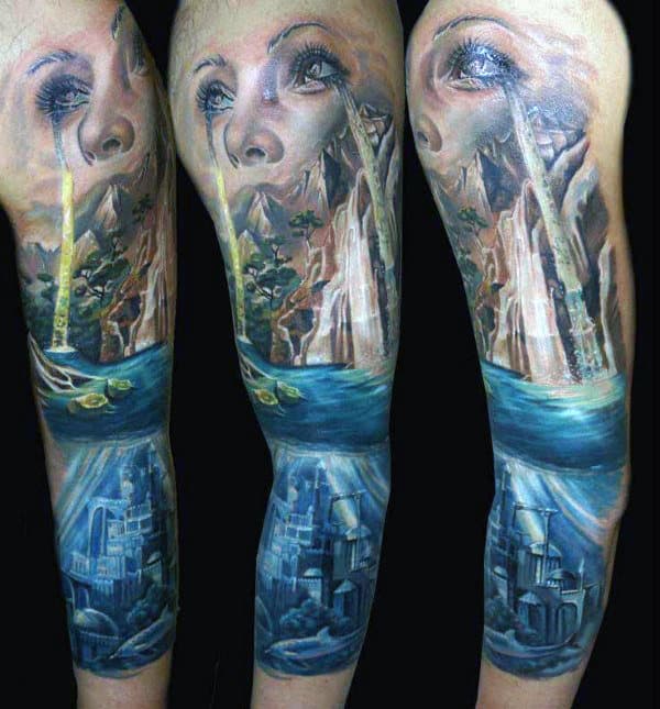 Female With Tears Mens Waterfall Sleeve Tattoo