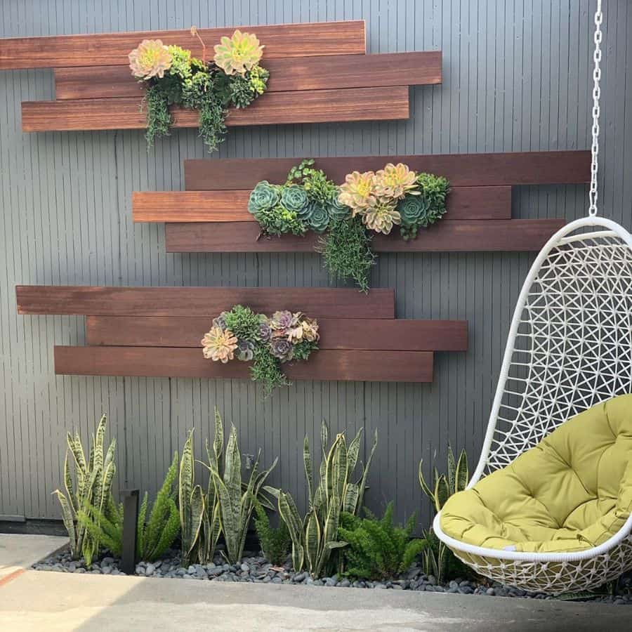 wood panel wall planters with flowers hanging egg chair
