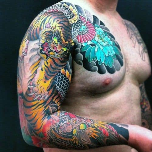 Ferocious Tiger Japanese Sleeve Tattoo For Men