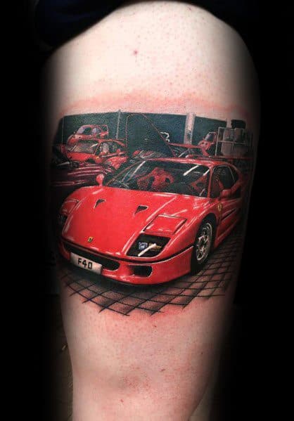Colorful tattoo of a Ferrari F40 in a showroom setting, highlighting automotive passion and classic luxury on man's arm.