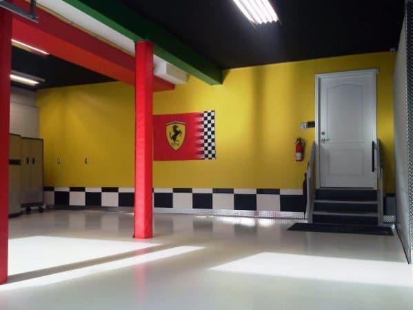 ferrari themed yellow black garage wall white floor
