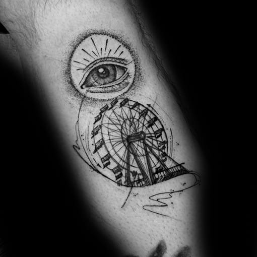 Surreal Ferris wheel tattoo with fine line details, featuring an eye above with radiant rays, creating a mystical and artistic composition.