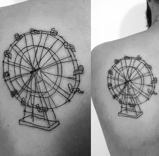 Minimalist Ferris wheel tattoo on the upper back, featuring fine line work and geometric details for a simple yet elegant design.