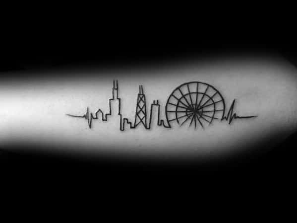Minimalist Chicago skyline tattoo featuring a Ferris wheel and heartbeat line, blending city pride with a sleek and modern design.